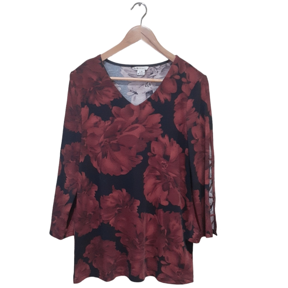 DKR & Co Women's Top Black Burgundy Floral Print Size Large